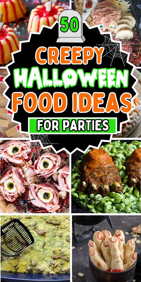 Creepy foods for Halloween party, including horror snack ideas for movie nights, and ghoulish dinners and desserts with skeletons, witches, blood and guts, skulls, brains, and puking pumpkins. Halloween Food Names Creepy, Creepy Food Ideas, Gross Halloween Desserts, Creepy Appetizers, Food For Halloween Party, Food Ideas For Halloween, Spooky Food Ideas, Spooky Halloween Recipes, Halloween Food Ideas For Parties