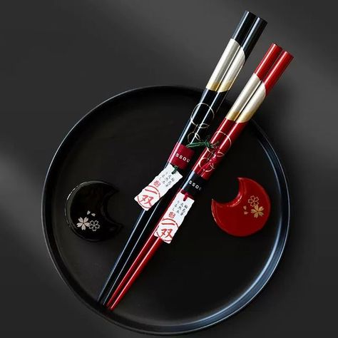 Black Chopsticks, Red Chopsticks, Chopsticks Design, Wooden Chopsticks, Japanese Chopsticks, Wedding Gift Set, Chopstick Rest, Wooden Gift Boxes, Blossom Design