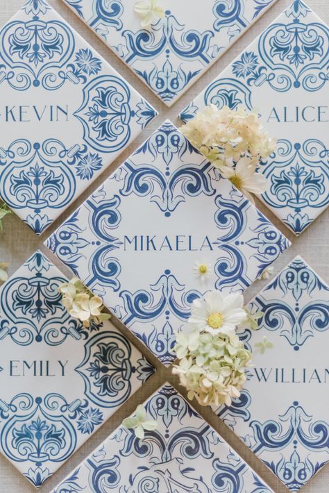 Tile Name Cards Wedding, Mediterranean Themed Wedding, Portugal Wedding Ideas, Mediterranean Wedding Decor, Tile Place Cards, Creative Place Cards Wedding, Place Card Ideas, Portuguese Wedding, Chinoiserie Wedding