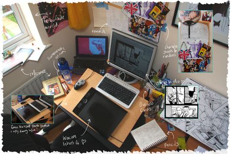 Digital Artist Life Aesthetic, Computer Setup Drawing, Webtoon Artist Workspace, Artist Desk Workspaces, Art Setup, Digital Art Setup Desk, Mangaka Workspace, Digital Artist Desk Setup, Manga Artist Workspace