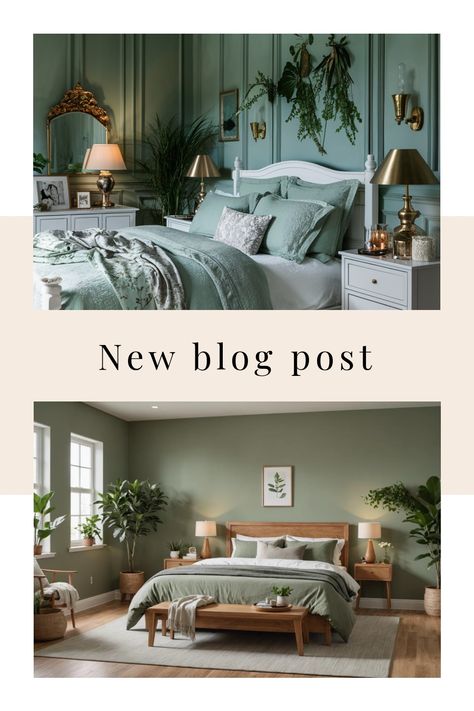 Elegant bedrooms with green walls and decor, featuring plants and modern furnishings. "New blog post" text overlay. Sage Home Decor, Sage Green Decor, Kitchen Tile Inspiration, Ensuite Bathroom Designs, Industrial Chic Kitchen, Rustic Industrial Kitchen, Modern Bedroom Colors, Compact Kitchen Design, Villa Ideas