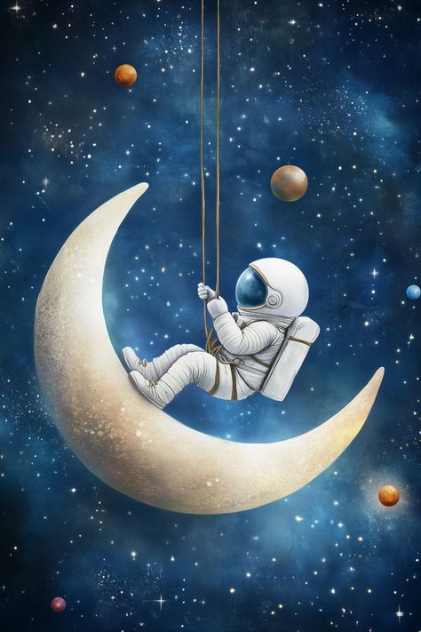 Embark on a cosmic adventure with this charming digital illustration of an astronaut swinging on the edge of a crescent moon! Featuring vibrant planets and twinkling stars, this playful design adds a magical, space-themed touch to your fashion and home decor. Perfect for children's book themes or anyone who loves to let their imagination soar among the stars! 🚀🌟 #SpaceAdventure #AstronautArt #WhimsicalDesign #CosmicVibes #KidsRoomDecor Playful Home, Crescent Moon Design, Planets And Stars, Moon Set, Astronaut Art, Moon Design, Book Themes, On The Edge, Playful Design