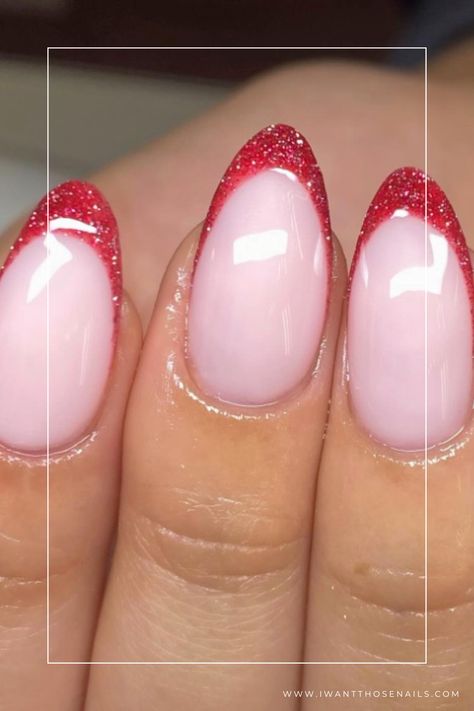 red glitter french tip nails designs Sparkle Red French Tip Nails, Red French Sparkle Nails, Prom Red Dress Nails, Hoco Nails To Match A Red Dress, Red And Green French Tip Nails Almond, Hoco Nails To Go With A Red Dress, Raspberry French Tip Nails, Red French Nails With Glitter, Sparkly Red French Tip Nails Almond