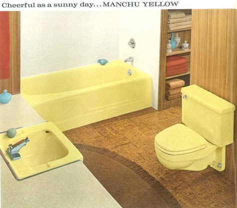 Vintage Yellow Bathroom, 60s Bathroom, Vintage Bathroom Sinks, Green Bathroom Rugs, Blue Green Bathrooms, Bathroom Retro, Retro Bathroom Decor, Brown Bathroom Ideas, Yellow Bathroom Decor