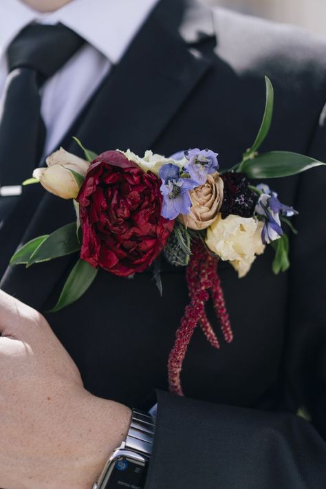 Jewel Tone Pocket Boutonniere, Jewel Tone Corsage, Jewel Tone Wedding Suit, Jewel Tone Boutonniere, Gem Tones Wedding, Pocket Square Boutonniere, Square Boutonniere, Peony Boutonniere, Burgundy Peony