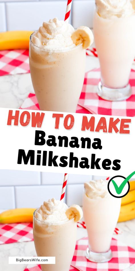 Craving something sweet and creamy? Love Bananas and Milkshakes? We’ve got the perfect dessert for you! These homemade banana milkshakes are delicious, creamy and so easy to make! via @bigbearswife Homemade Banana Milkshake, Breakfast Milkshake, Ice Cream Milkshake Recipe, Banana Shake Recipe, Banana Milkshake Recipe, Best Milkshakes, Ice Cream Drinks, Smoothie Ideas, Banana Shake