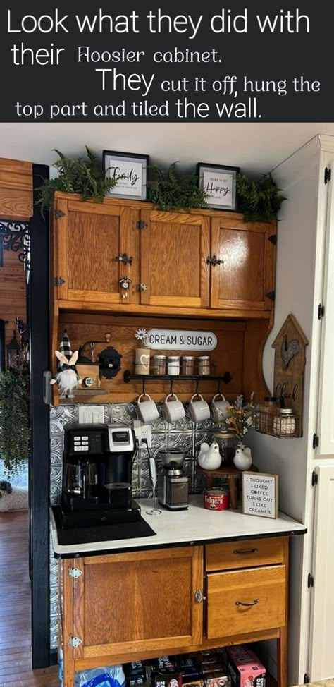 Hoosier Cabinet Coffee Bar Ideas, Hoosier Cabinet Ideas Farmhouse, Hosier Cabinet, Dining Room To Office, Coffee Bar Farmhouse, Cabinet Coffee Bar, Small Kitchen Ideas On A Budget, Antique Hoosier Cabinet, Kitchen Coffee Bar