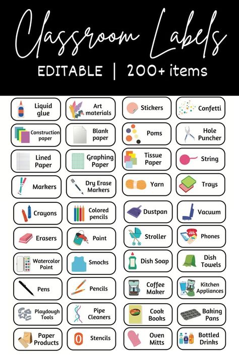 Label your entire classroom! Designed for preschool, Pre-K, and Kindergarten classrooms with learning centers. Over 200 labels included! Free Classroom Labels Editable, Bin Labels Classroom, Preschool Classroom Supplies, Supply Labels For Classroom Free, Preschool Classroom Labels Free Printable, Cubby Labels Preschool, Free Printable Classroom Labels, Cubby Labels For Classroom, Preschool Classroom Names Ideas