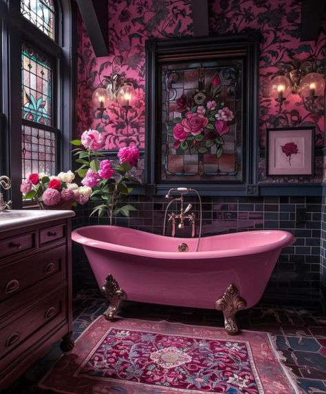 Dark Pink Bathroom, Decadent Aesthetic, Dark Pink Velvet, Boho Bathrooms, Pink Velvet Fabric, Luxurious Wallpaper, Floral Bathroom, Victorian Aesthetic, Casa Country