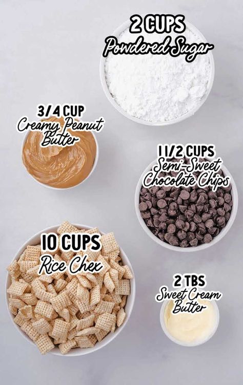 Puppy Chow recipe raw ingredients that are labeled Recipe For Puppychow, How Do You Make Puppy Chow, Halloween Puppy Chow Recipe, Puppy Chow With Peanut Butter, Easter Puppy Chow Recipes, How To Make Puppy Chow Recipes, Dog Chow Chex Mix Recipe, How To Make Puppy Chow, Recipe For Puppy Chow