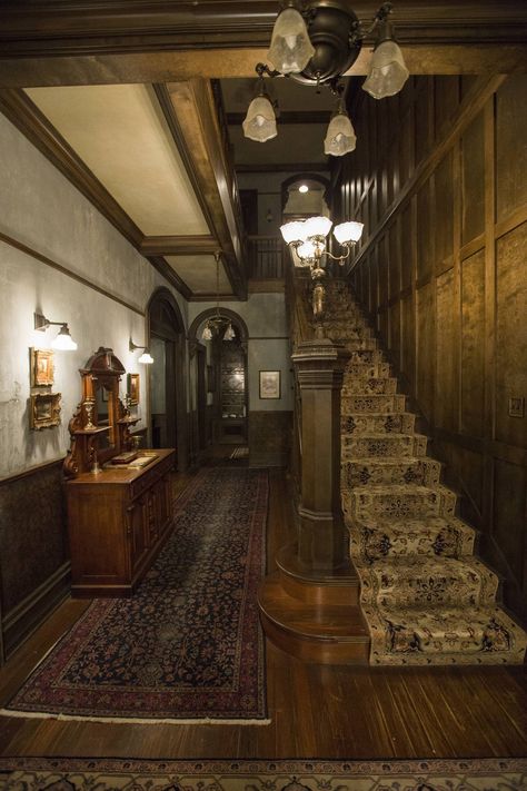 The Bates family house is a two and a half story Victorian house in White Pine… Bates Motel House, Victorian Hallway, Creepy Houses, Victorian Interior, Victorian Interiors, Bates Motel, Bates Family, Victorian Decor, Abandoned Houses