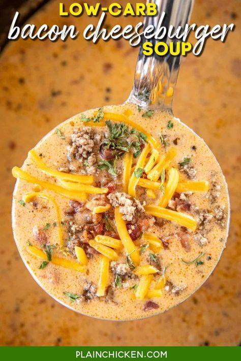 Slow Cooker Low-Carb Bacon Cheeseburger Soup - SO good! I wanted to lick the bowl!! Even if you aren't doing a low-carb/keto diet you are going to LOVE this soup. Ground beef, bacon, hamburger seasoning, Ranch dressing mix, Rotel, cream cheese, cheddar cheese, and beef broth. Just dump every in the crockpot and dinner is done. Can freeze leftovers for a quick meal later. This soup is seriously delicious!! #crockpot #slowcooker #soup #bacon #lowcarb #keto Crockpot Cheeseburger Soup, Crockpot Cheeseburger, Soup Bacon, Cheeseburger Soup Crockpot, Freeze Leftovers, Soup Low Carb, Jalapeno Bacon, Hamburger Seasoning, Bacon Cheeseburger Soup