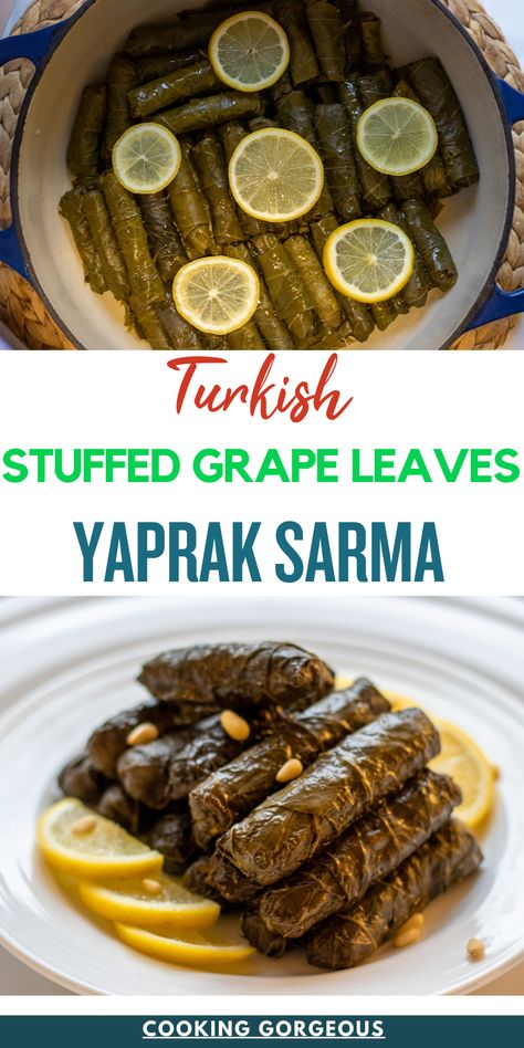 Grape leaves stuffed with a filling made with rice, onions, herbs, and spices, and coked until the leaves are tender. Warak Enab Recipe, Greek Buffet, Warak Enab, Greek Dolmades, Lebanese Dishes, Grape Leaves Recipe, Meze Platter, Mezze Platter, Flavorful Rice