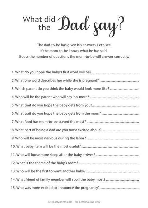 What did the Dad Say | Minimalist Baby Shower Game Who Knows Daddy Best Baby Shower Game, Free Printable Baby Shower Games With Answers, What Did Dad Say Baby Shower Game, Mom Vs Dad Baby Shower Game, Mom And Dad Baby Shower Game, Dad Shower Ideas, Fun Baby Shower Game Ideas, Baby Shower Question Game, Dad Baby Shower Ideas