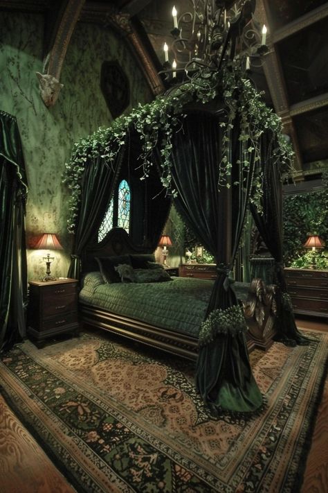 14 Gothic Bedroom Interior Ideas To Fuel Your Dreams! - My Decor Inspo Gothic Victorian House Interior, Gothic Canopy Bed, Decoration Ideas Aesthetic, Gothic Bedrooms, Bedroom Interior Ideas, Gothic Victorian House, Victorian Gothic Decor, Gothic Interior Design, Goth Bedroom