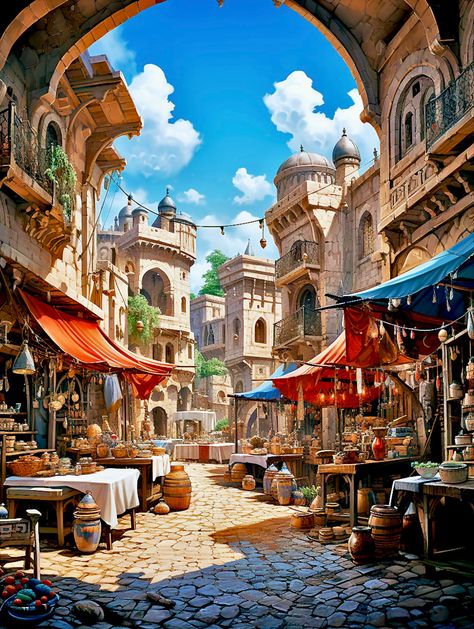 Ancient Market Concept Art, Arabian Market Concept Art, Arabian Market Aesthetic, Fantasy Marketplace Concept Art, Fantasy Market Art, Market Pictures Ideas, Arabian Marketplace, Fantasy Beach Town, Market Fantasy Art