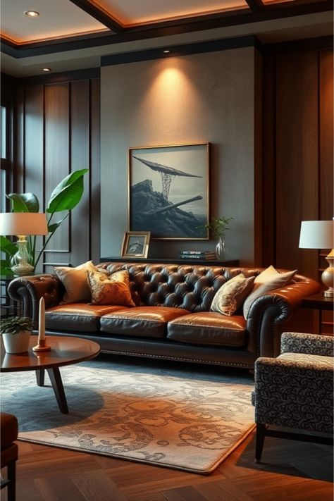 Leather couch Rooms With Leather Sofas, Vintage Leather Sofa Living Rooms, Chic Sitting Room Ideas, Camel Velvet Sofa Living Room, Leather Couch Decor, Modern Living Room Apartment, Couch Decor Ideas, Leather Couch Decorating, Leather Couch Living Room