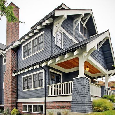 Navy Blue House Exterior, Navy Shutters, Navy Blue Houses, Navy House, Gray Siding, Brick Bungalow, Blue Houses, Stucco House, Blue Siding