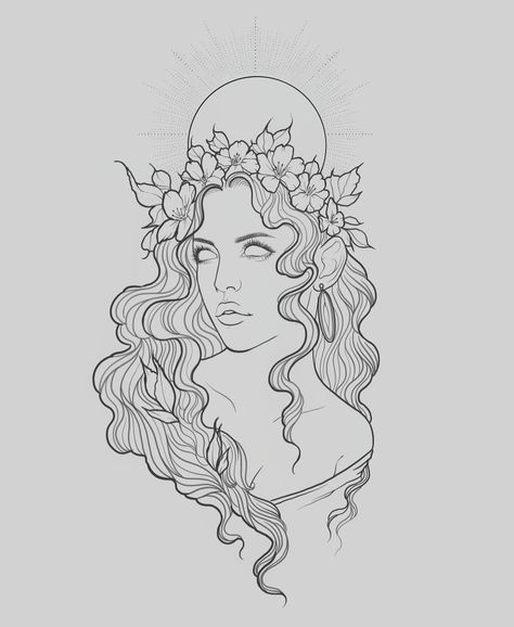 Art by @matzemlya #femaletattoo #tattooart #tattooforwomen #goddesstattoo #goddess #lineart #flowertattoo #tattooideas #girlytattoo Flower Goddess Drawing, Drawing Of A Goddess, Elpis Goddess Tattoo, Goddess Face Drawing, Goddess Tattoo Outline, Greek Goddess Sketch, Greek Goddess Art Drawing, Greek Goddess Drawing, Sun Goddess Tattoo