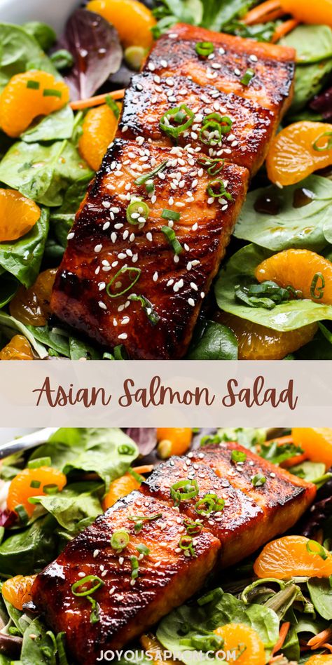 Salmon Salad - yummy and healthy salad recipe with marinated salmon makes a delicious light dinner meal! Spinach, mandarin oranges and carrots tossed in a homemade Ginger Soy Dressing topped with salmon fish. A great seafood option! Salad With Seafood Dinner, Salmon Salad Dressing Recipes, Salmon Salad Dressing Vinaigrette Recipe, Salmon Over Salad, Salmon And Slaw, Salmon With Carrots, Salmon In Salad, Thai Salmon Salad, Spinach Salad With Salmon