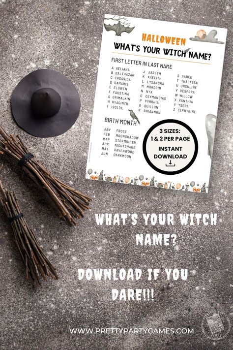 Halloween What’s Your Witch Name Whats Your Name Game https://prettypartygames.etsy.com/PrettyPartyGames/listing/1549477952/halloween-whats-your-witch-name-whats Whats Your Name Game, Party Games For Work, Witchy Names, Printable Party Games, Witch Names, Name Game, Ice Breaker Games, Name Games, Halloween Bash