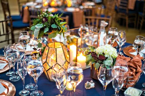 Copper Tablescape, Wedding Table Decorations Candles, Reception Head Table, Tall Flower Arrangements, Blue Wedding Receptions, Wedding Weekend Itinerary, Wedding Swag, Navy And Copper, Wedding Planner App