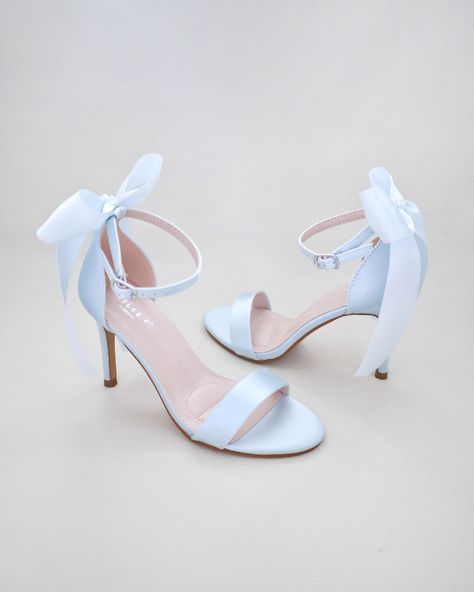 Classic satin high heel sandals adorned with satin back bow and pearl band for romantic, elegant and feminine look. Simple and easy wear for bridal wear, bridesmaids, holiday party, wedding parties, and any special occasions.  DETAILS: HEEL HEIGHT: 3.5 Inches COLORS AVAILABLE: Ivory, White and Light Blue UPPER: Synthetic upper and lining MATERIALS: Manmade outsole STYLE NAME: DEMI Not sure of which size to purchase? Shoes measurements are as follow: (Please note measurements taken the length of Pastel Blue Heels, White And Blue Heels, Wedding Shoes Simple, Pale Blue Heels, Preppy Heels, Heels Light Blue, Satin And Pearls, Baby Blue Heels, Light Blue Heels