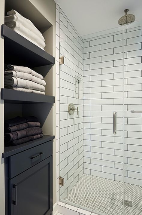 Minnesota Basement Remodel | Carla Bast Design Black Grout Bathroom, Subway Tile With Black Grout, Tile With Black Grout, Dark Grout, Industrial Bathroom Design, Black Grout, Dark Bathrooms, White Subway Tiles, Blue Cabinets