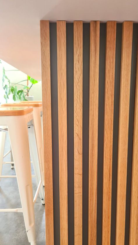 Oak + Ocean | Kiwi Contemporary Kitchen Wood Slats Island Kitchen, Wood Slat Wall Kitchen Island, Slat Wall Island, Slat Wall Bar Ideas, Wooden Slat Kitchen Island, Slatted Kitchen Island, Slat Island Kitchen, Kitchen Island Wood Slats, Timber Slat Wall