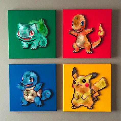 Perler Beads Charmander, Perler Bead Night Light, What To Do With Perler Bead Creations, Display Perler Bead Creations, How To Display Perler Bead Art, Perler Bead Display, Perler Bead Pikachu, Perler Bead Nintendo, Pikachu Perler Beads