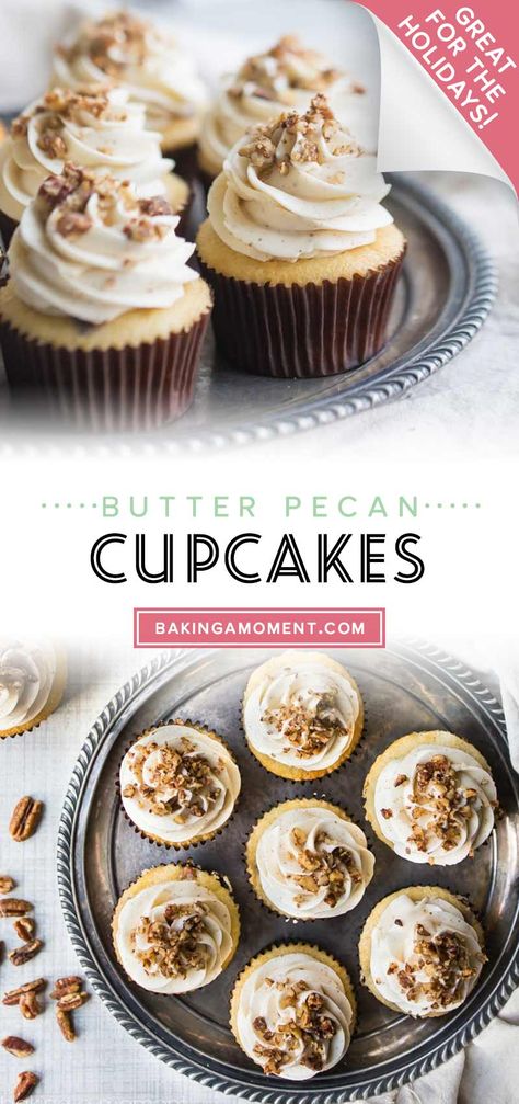 Butter Pecan Cupcakes With Cream Cheese Frosting, Butter Pecan Cupcakes Betty Crocker, Butter Pecan Cupcakes Easy, Butter Pecan Frosting Recipe, Butter Pecan Icing, Pecan Cupcakes Recipe, Southern Cupcakes, Praline Cupcakes, Thanksgiving Fundraiser