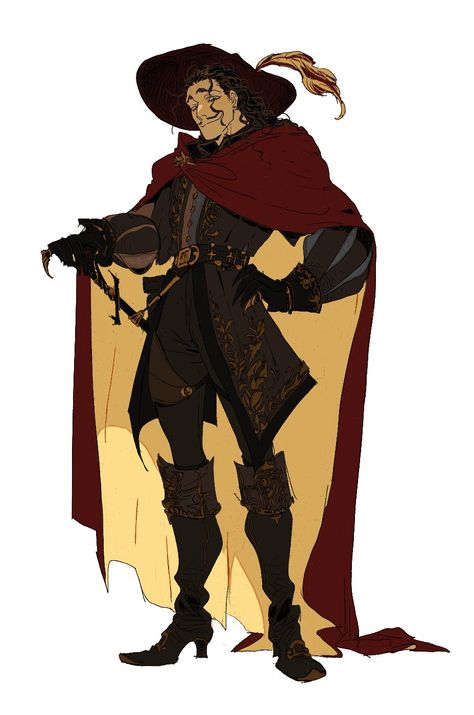 Pirate Clothing Reference, Dnd Rogue Swashbuckler, Musketeer Hat Drawing, Caped Character Design, Fantasy Pirate Outfit Male, Dnd Ship Art, 1700s Character Design, Stage Magician Character Design, Aristocrat Character Design