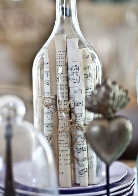 sheet-music-in-bottle Sheet Music Crafts, Cedar Hill Farmhouse, French Country Bedrooms, Music Crafts, Interior Vintage, French Country Farmhouse, Nate Berkus, Music Decor, French Farmhouse