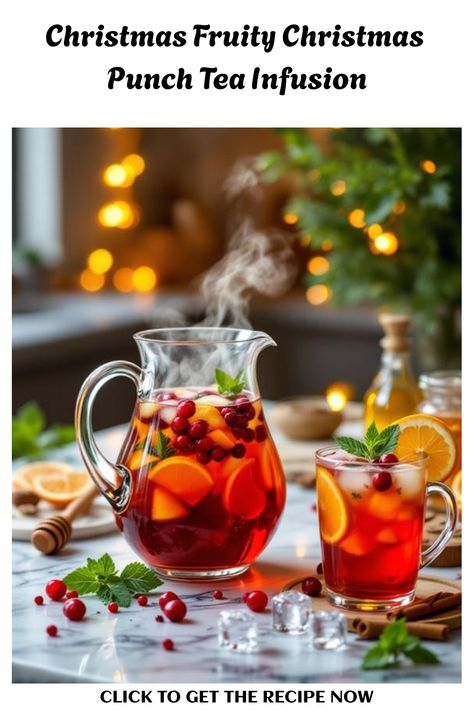 Fruity Christmas punch tea infusion, a cheerful beverage for toasting with family and friends. Fruit Infused Tea, Christmas Tea Ideas, Christmas Tea Recipe, Christmas Tea Party Ideas, Christmas High Tea, Christmas Teas, Winter Tea Party, Tea Punch, Infused Recipes