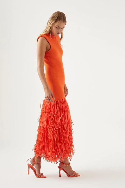 Orange Bridesmaid, Knitted Midi Dress, Statement Dress, Dress Crafts, Fringe Dress, Knit Midi, Knit Midi Dress, Orange Dress, Event Dresses