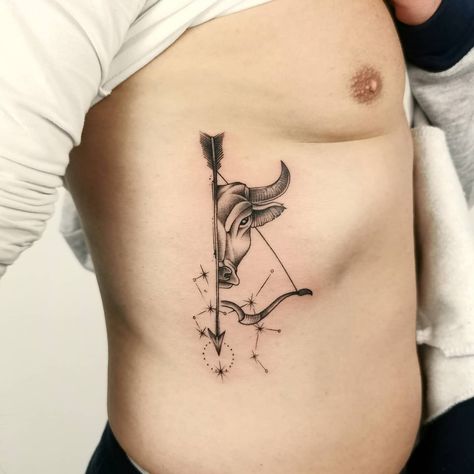 Tattoo Zodiac Sagittarius, Sagittarius Taurus Tattoo, Taurus And Sagittarius Tattoo Combined, Sagittarius Tattoo Designs Men, Archer Sagittarius Tattoo, Taurus Sagittarius Tattoo, Tattoos Saggitarius, Sagittarius And Taurus Tattoo, Sagittarius Back Tattoo