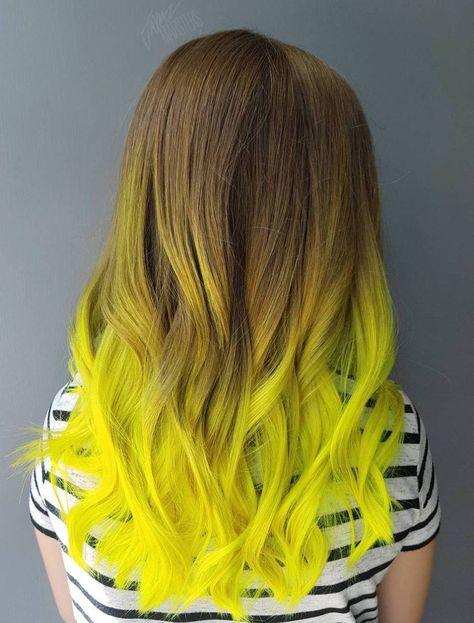 Brown To Yellow Ombre Hair Hair Dye On Brown Hair, Dye On Brown Hair, Yellow Hairstyle, Neon Yellow Hair, Yellow Hair Dye, Neon Hair Color, Yellow Tips, Yellow Hair Color, Hair Yellow