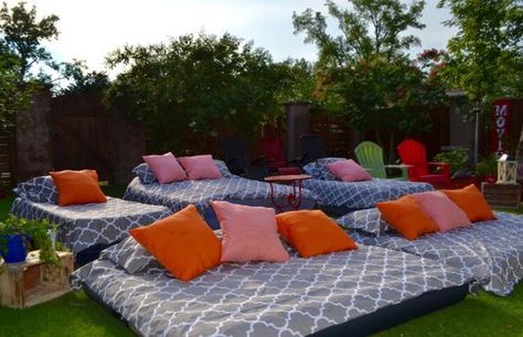 31 Super Fun Backyard Activities You and Your Family Will Enjoy Backyard Movie Party Seating Outdoor Theater, Backyard Movie Night Party, Outdoor Movie Party, Backyard Movie Theaters, Birthday Movie, Backyard Movie Party, Lazy River Pool, Backyard Party Decorations, Movie Night For Kids