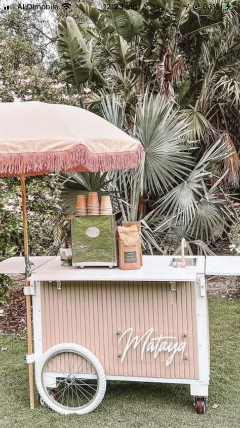 Snack Cart Wedding, Bar Cart Business, Mobile Slushy Bar, Mobile Drink Cart, Wedding Coffee Cart, Drink Cart Ideas, Ice Cream Cart Wedding, Mimosa Cart, Coffee Cart Ideas