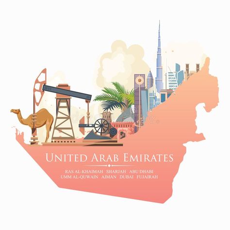 Vector travel poster of United Arab Emirates with pipeline. UAE background with modern buildings and mosque in light style. Vector travel poster of United Arab royalty free illustration Uae Background, Dubai Illustration, Dubai Camel, Uae Culture, Uae Aesthetic, Iphone Wallpaper Quotes Inspirational, Dubai Art, Wayfinding Signage Design, Travel Clipart