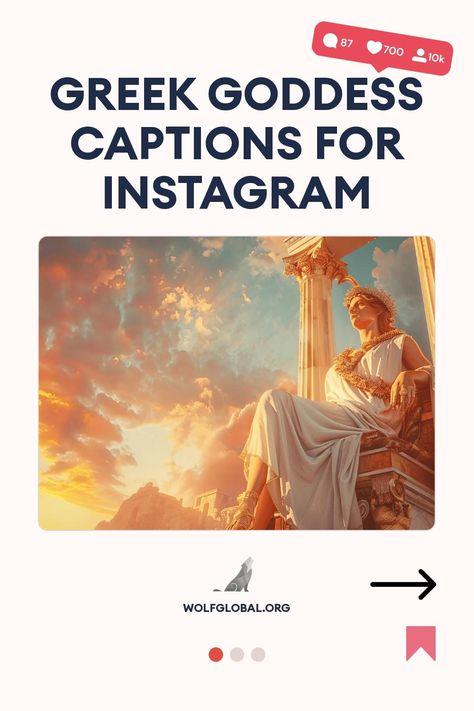 Promotional graphic for "Greek Goddess Captions for Instagram" with a statue and cloudy sky.
Graphic with Greek gods themed affirmations and a call-to-action button "GET 100+ MORE" from WOLFGLOBAL.ORG.
Woman with laptop, social media icons, and text for Instagram engagement pod invitation. Aphrodite Instagram Captions, Greek Mythology Captions, Goddess Captions For Instagram, Goddess Captions, Greek Goddess Aesthetic, Goddess Aesthetic, Greek Mythology Gods, Insta Bio, Ig Captions