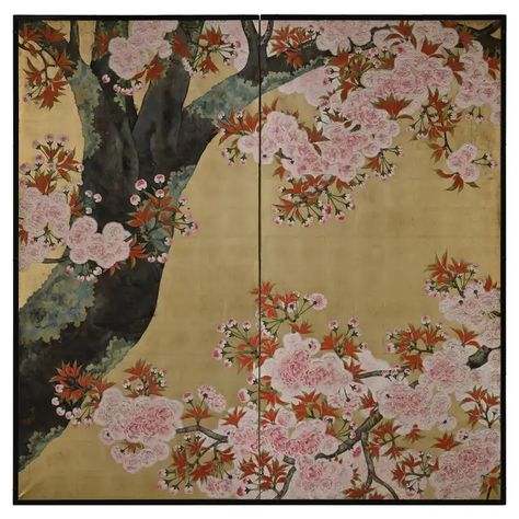 Early 20th Century Japanese Cherry Blossom Screen by Kano Sanrakuki For Sale at 1stDibs Types Of Cherries, Portraiture Artist, Fig Trees, Japanese Tree, Japanese Screen, Cherry Blossom Art, Japanese Cherry Blossom, Japanese Painting, Cherry Blossom Tree