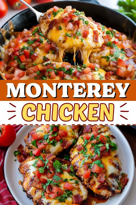 Monterey chicken combines juicy chicken with tangy barbecue sauce, melty cheese, smoky bacon, and fresh toppings for a delicious and satisfying meal. Ch8cken Recipes, Dinners With Sauce, Main Chicken Dishes, Delicious Sauce Recipes, Healthy Dinner Recipes Not Chicken, Recipes That Use Yum Yum Sauce, New Healthy Recipes For Dinner, Delicious Diet Recipes, Grilled Chicken Dishes For Dinner