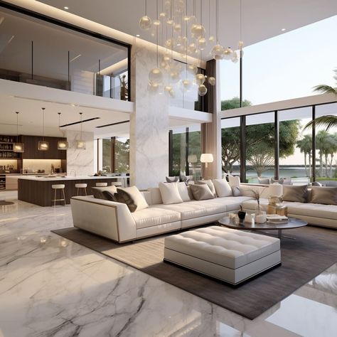 The living room’s white marble floor and white walls give it a pristine, luxurious appearance. Minimalist Interior Design Living Room, Contemporary Luxury Interior, Mansion Living Room, Ideas Decoracion, Sunken Living Room, Sala Grande, Minimalist Interior Design, Living Room White, Contemporary Interior Design