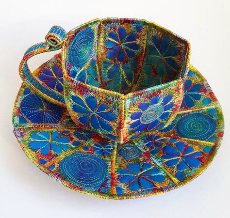 Ornate Jewel-Toned Stitches Embellish Common Household Objects Made From Textiles | Colossal Stitch Witchery, Household Objects, Textile Sculpture, Handmade Textiles, Quilting Techniques, Free Machine Embroidery, Tea Cup And Saucer, Art Textile, Curated Gifts