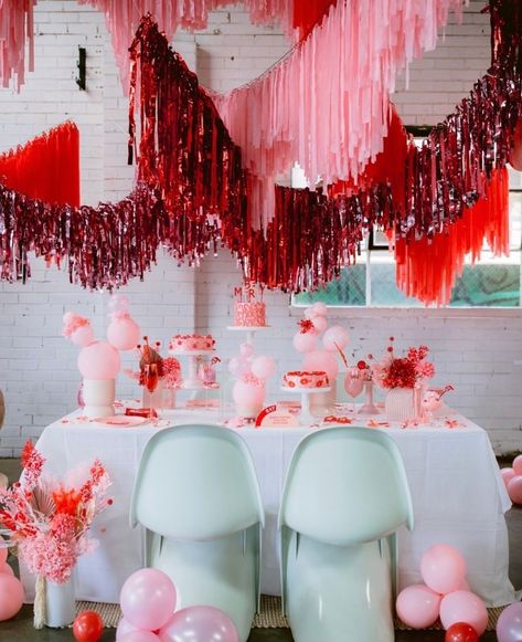 Red Pink Orange Party Decor, Valentines Installation, Pink And Red Party Decorations, Disco Valentines Day, Colour Theme Party, Galentines Tablescape, Red And Pink Party, Valentines Brunch, Valentine Backdrop