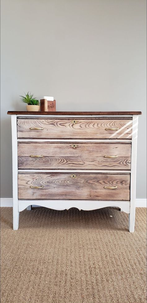 White Dresser Wood Drawers, White Dresser With Wood Drawers, White And Walnut Dresser, White Wash Nursery Furniture, White And Natural Wood Furniture, White Washed Dresser Diy, Rustic White Dresser, White Stained Wood Furniture, White Wash Dresser Diy