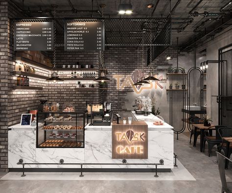 Industrial Restaurant - Task Cafe on Behance Industrial Design Interior Cafe, Industrial Coffee Shop Design, Industrial Restaurant Interior, Shop Design Interior, Industrial Restaurant Design, Industrial Coffee Shop, Industrial Cafe, Industrial Shop, Bakery Design Interior