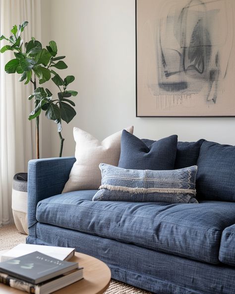 Blue Sofa In Living Room, Denim Blue Sofa, Blue Grey Sofa, Blue Linen Sofa, Blue Sofa Living Room Ideas, Navy Blue Couch, Blue Sofa Living Room, Navy Sofa Living Room, Blue Velvet Sofa Living Room