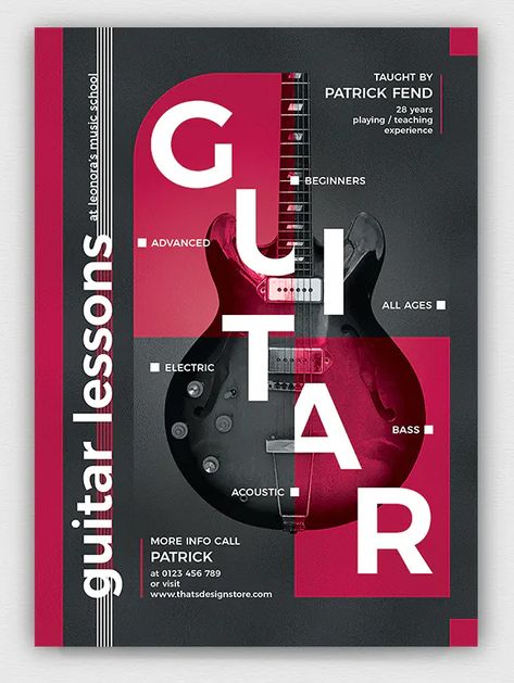 Guitar Classes, Class Poster, Guitar Posters, Concert Flyer, Music Flyer, Flyer Design Templates, Guitar Tabs, Free Photoshop, Guitar Lessons